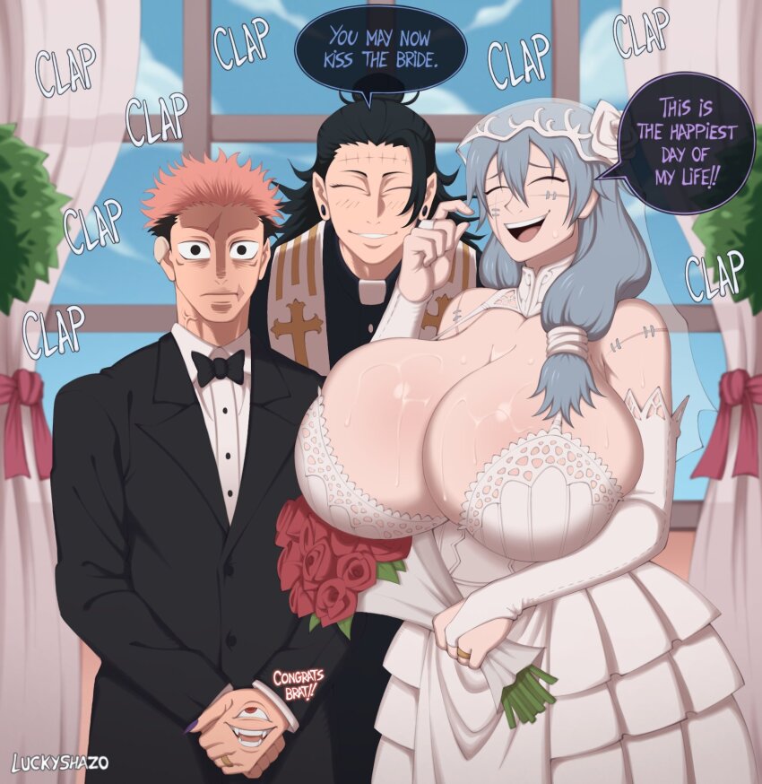 1girl 2boys bouquet breasts bridal_veil cleavage closed_eyes dress evil_smile extra_eyes flower getou_suguru getou_suguru_(kenjaku) gigantic_breasts highres holding holding_bouquet huge_breasts indoors jujutsu_kaisen kenjaku long_hair luckyshazo mahito_(jujutsu_kaisen) multiple_boys patchwork_skin pink_hair priest ryoumen_sukuna_(jujutsu_kaisen) smile speech_bubble stitched_arm stitched_face stitched_neck stitches sweat thousand_yard_stare tuxedo veil wedding wedding_dress