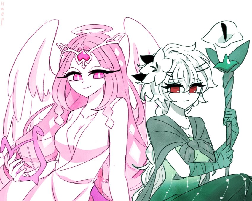 2girls angel angel_wings braid cookie_run cookie_run:_kingdom dress eternal_sugar_cookie flower green_dress haep0510 hair_flower hair_ornament highres humanization long_hair looking_at_viewer multiple_girls pink_eyes pink_hair simple_background very_long_hair white_dress white_hair white_lily_cookie wings