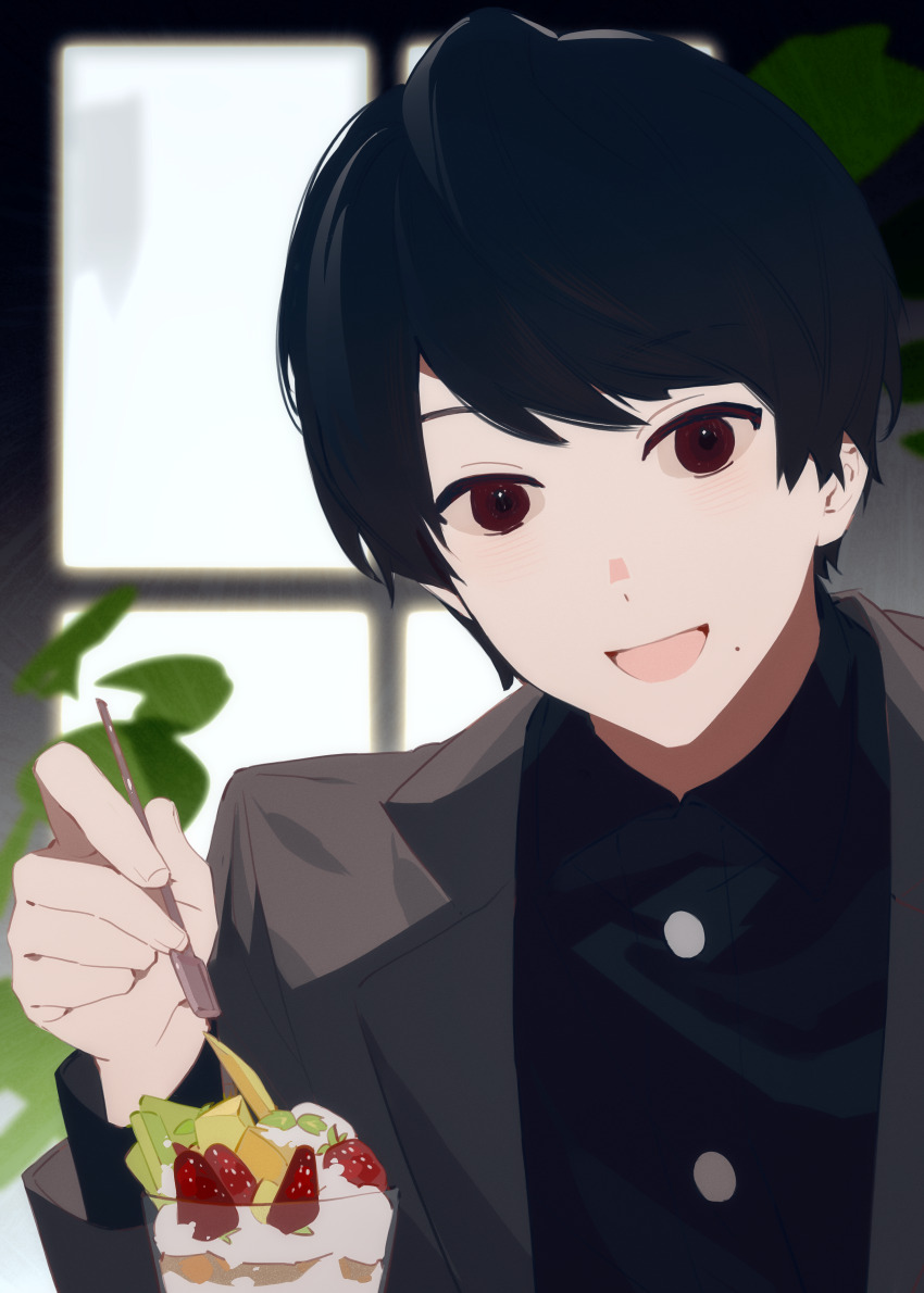 1boy absurdres black_hair black_jacket black_shirt chinese_commentary collared_shirt commentary_request food highres indoors jacket kadota_hiromi kamen_rider kamen_rider_revice looking_at_viewer male_focus mole mole_under_mouth open_clothes open_jacket open_mouth parfait red_eyes shirt short_hair smile solo v0veiling