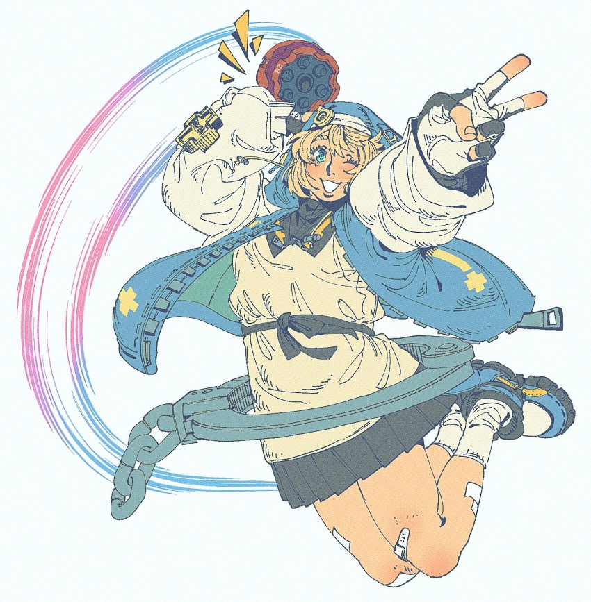 1boy aqua_eyes bandaid bandaid_on_knee bandaid_on_leg blonde_hair bridget_(guilty_gear) commentary gloves guilty_gear hat highres holding hood jacket jumping long_sleeves male_focus miniskirt motion_blur one_eye_closed open_mouth oversized_object pleated_skirt qroken shirt shoes skirt smear_frame smile socks solo symbol-only_commentary trap yo-yo zipper zipper_pull_tab