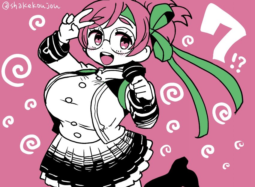1girl breasts glasses headband highres idol jumping large_breasts microphone peace_symbol round_eyewear shake-o solo standing yuzuriha_maimai zombie_land_saga