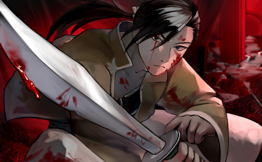 1046u 1boy absurdres black_eyes black_hair blood blood_on_face bloody_weapon fullmetal_alchemist highres holding holding_sword holding_weapon indoors jacket ling_yao looking_at_viewer pants ponytail sitting sword weapon white_pants yellow_jacket