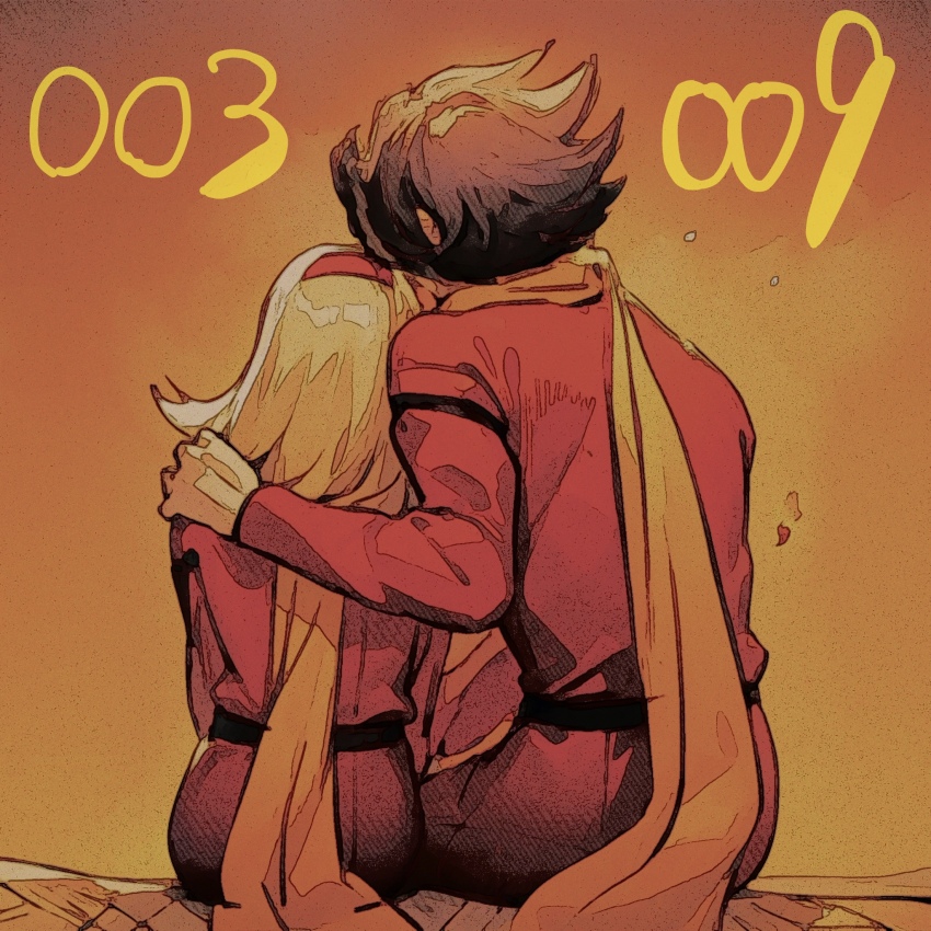 1boy 1girl blonde_hair brown_hair coat couple cyborg_009 francoise_arnoul hairband head_on_another&#039;s_shoulder highres long_hair red_coat red_hairband sariokisu scarf shimamura_joe short_hair sitting spiked_hair straight_hair yellow_scarf