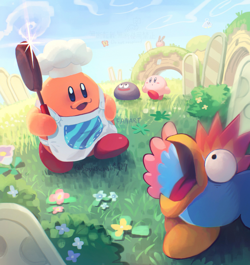 absurdres apron birdon_(kirby) bush chef_hat chef_kawasaki colored_skin commentary_request day flower frying_pan gooey_(kirby) grass hat highres holding holding_frying_pan kirby kirby_(series) nintendo no_humans open_mouth outdoors pink_skin sparkle suyasuyabi twitter_username white_apron white_hat