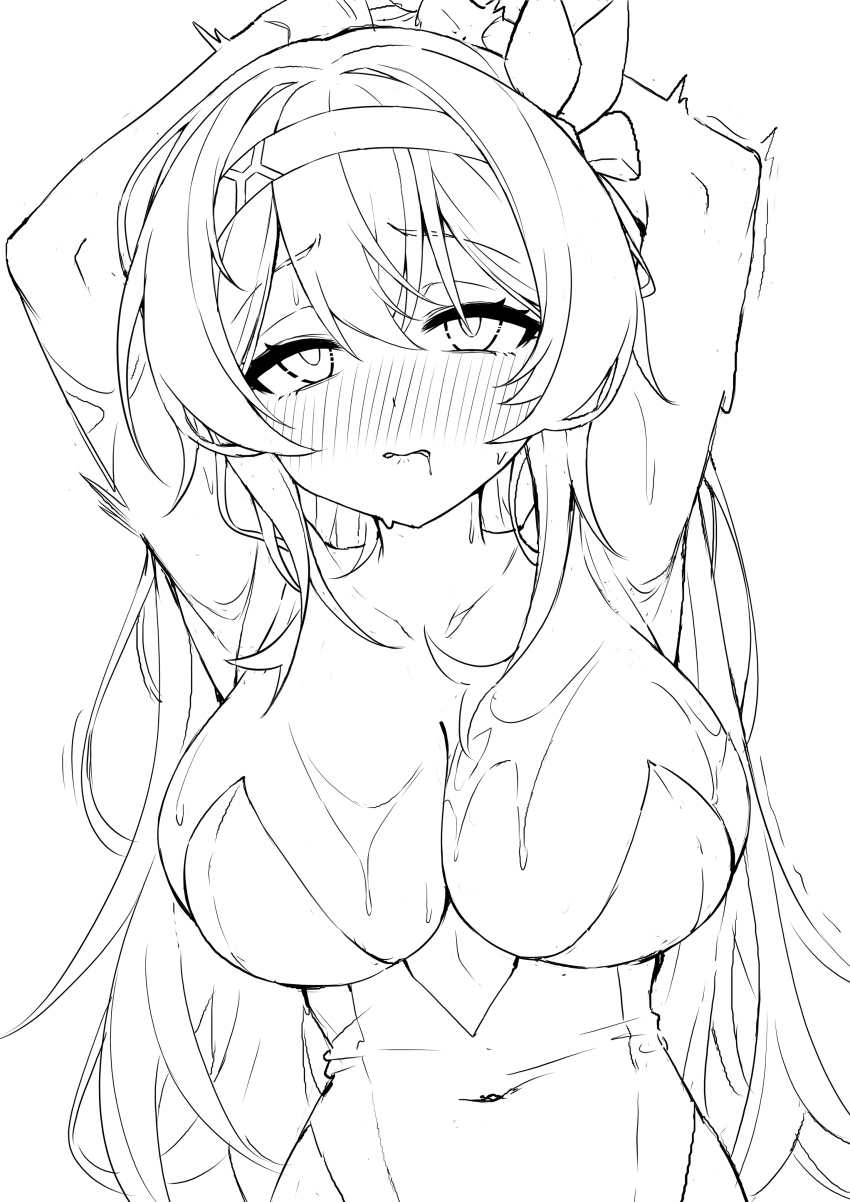 1girl absurdres armpits arms_behind_head arms_up biting_own_lip blush breasts covered_navel female_orgasm firefly_(honkai:_star_rail) hair_between_eyes hairband half-closed_eyes highres honkai:_star_rail honkai_(series) large_breasts leotard long_hair monochrome navel orgasm saliva sketch solo sweat trembling very_long_hair wendao