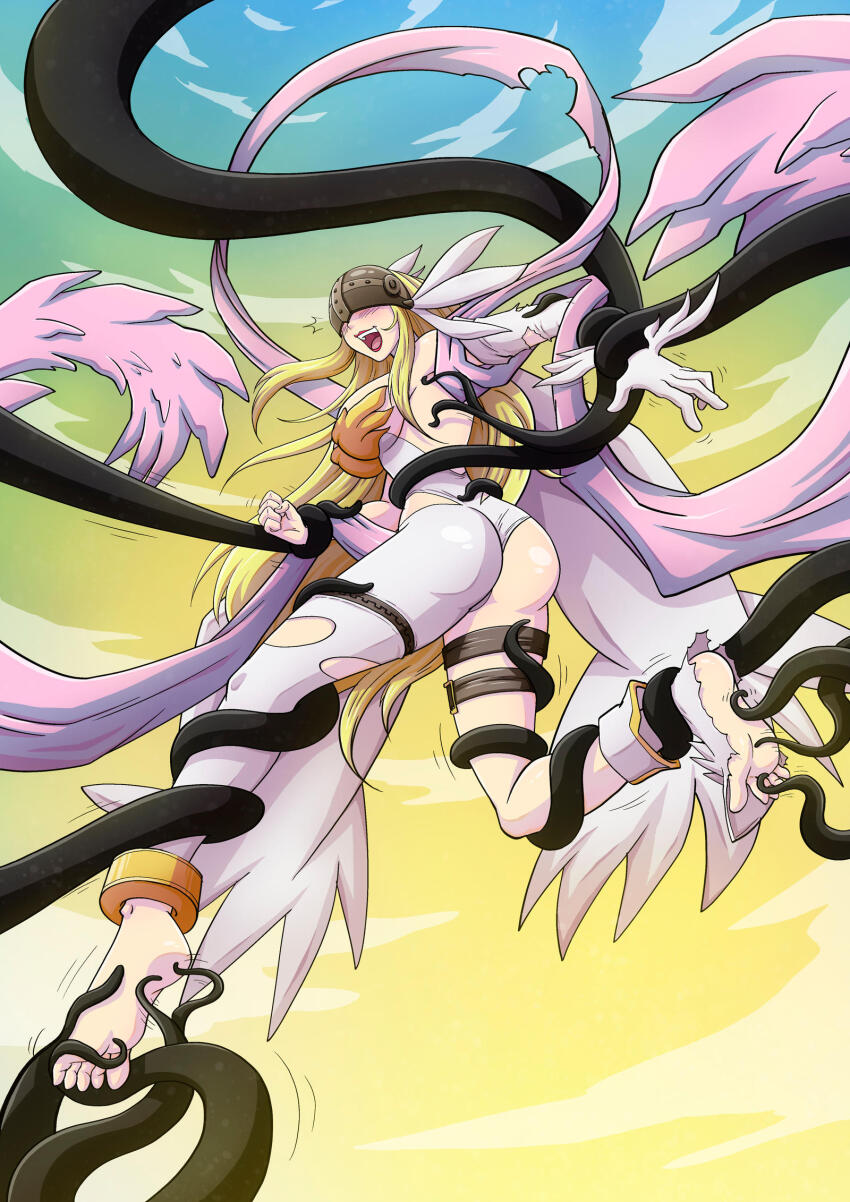 1girl angel angel_girl angel_wings angewomon ass barefoot billvicious blonde_hair covered_eyes digimon digimon_(creature) digimon_adventure feet foot_focus highres laughing long_hair open_mouth restrained soles tentacles tickle_torture tickling tickling_feet toes torn_clothes torn_shoes wings