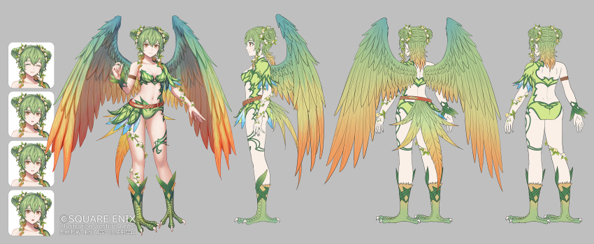 1girl :o absurdres anbe_yoshirou angry arm_strap artist_name bra breasts brown_eyes cleavage closed_eyes closed_mouth collarbone commentary_request copyright_notice double_bun feathered_wings flower full_body gradient_wings green_bra green_hair green_panties green_wings grey_background hair_bun hair_flower hair_ornament half-harpy highres oversized_wings medium_hair monster_girl multicolored_wings multiple_expressions navel official_art panties romancing_saga_2 saga single_sleeve small_breasts smile standing stomach surprised underwear windie_(romancing_saga_2) wings yellow_wings