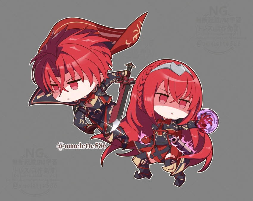 1boy 1girl aura crossed_bangs dark_aura female_alear_(fell_dragon)_(fire_emblem) female_alear_(fire_emblem) female_alear_(red_days_past)_(fire_emblem) fire_emblem fire_emblem_engage fire_emblem_heroes hair_between_eyes highres holding holding_sword holding_weapon komurice long_hair looking_at_viewer male_alear_(fell_dragon)_(fire_emblem) male_alear_(fell_dragon_child)_(fire_emblem) male_alear_(fire_emblem) nintendo official_alternate_color official_alternate_eye_color official_alternate_hair_color red_eyes red_hair sword tiara very_long_hair weapon