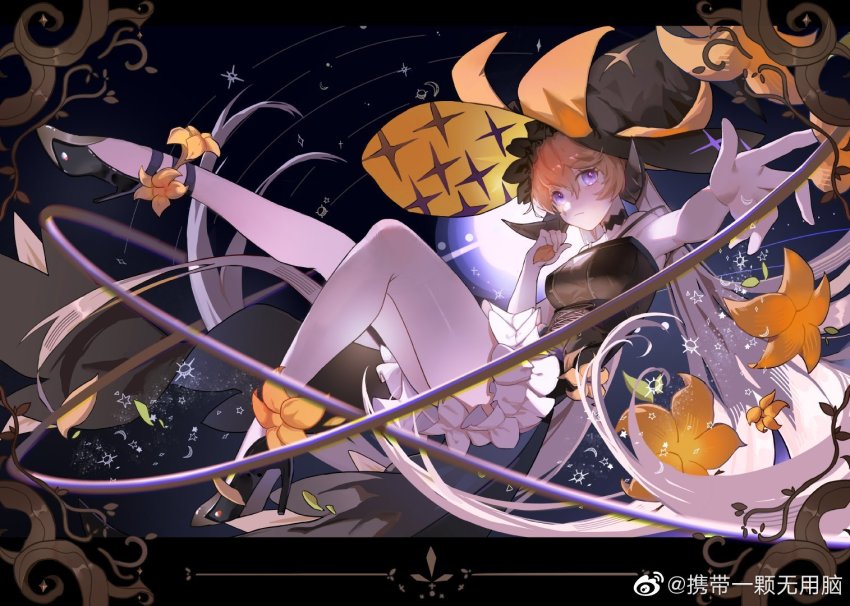 1girl black_dress border breasts character_request choker commentary_request copyright_request dress floating floating_hair flower flower_request frilled_dress frills full_body hair_between_eyes hat high_heels horns leg_up long_hair moon night night_sky off-shoulder_dress off_shoulder orbit outside_border outstretched_arm plant purple_eyes sky solo star_(symbol) twintails very_long_hair vines watermark weibo_watermark white_hair witch witch_hat xiedaifenshi_(7329016845)