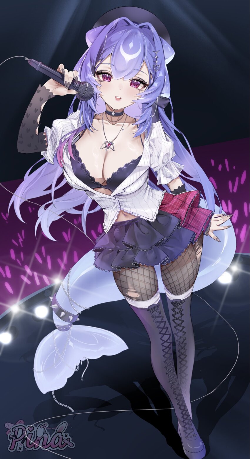 1girl bao_(vtuber) black_boots black_choker black_hat black_nails black_skirt boots breasts cetacean_tail choker cleavage collarbone fins fish_tail glowstick hair_intakes hat heart heart_necklace highres holding holding_microphone indie_virtual_youtuber jewelry lace-up_boots long_hair microphone navel necklace open_mouth penlight_(glowstick) pinari purple_eyes purple_hair skirt solo tail teeth thigh_boots upper_teeth_only virtual_youtuber whale_girl