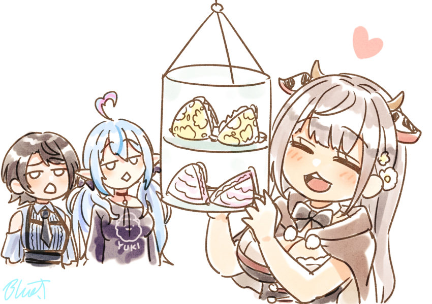 3girls ahoge animal_ears black_hair black_necktie blue_hair bra breasts brown_coat buru-dai cleavage clothing_cutout coat commentary_request cow_ears cow_horns grey_hair heart heart_ahoge hololive horns large_breasts low_twintails medium_breasts multicolored_hair multiple_girls necktie off_shoulder oozora_subaru open_mouth pink_hair pointy_ears shirogane_noel shoulder_cutout signature smile streaked_hair suspenders twintails two-tone_hair underwear unworn_bra virtual_youtuber yukihana_lamy