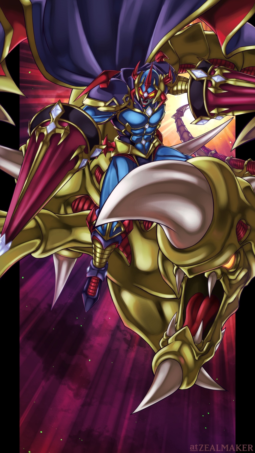 1boy absurdres armor black_cape blue_armor cape curse_of_dragon dragon dual_wielding duel_monster fangs gaia_the_dragon_champion glowing glowing_eyes highres holding holding_polearm holding_weapon lance open_mouth polearm red_eyes riding weapon zealmaker