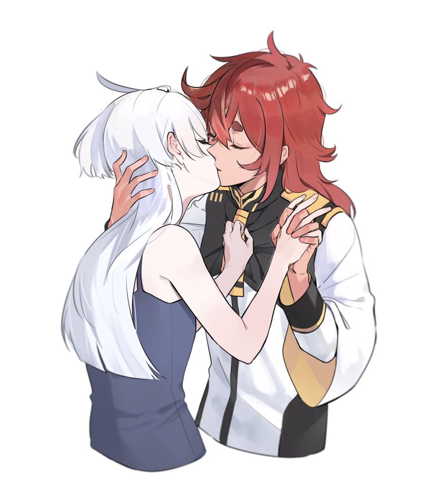 2girls asticassia_school_uniform blue_shirt closed_eyes cropped_torso gundam gundam_suisei_no_majo hair_between_eyes hair_down hand_on_another&#039;s_chest hand_on_another&#039;s_head highres holding_hands interlocked_fingers jacket kiss knightym22 long_hair long_sleeves miorine_rembran multiple_girls official_alternate_costume red_hair school_uniform shirt simple_background spaghetti_strap suletta_mercury thick_eyebrows upper_body white_background white_hair white_jacket wide_sleeves yuri
