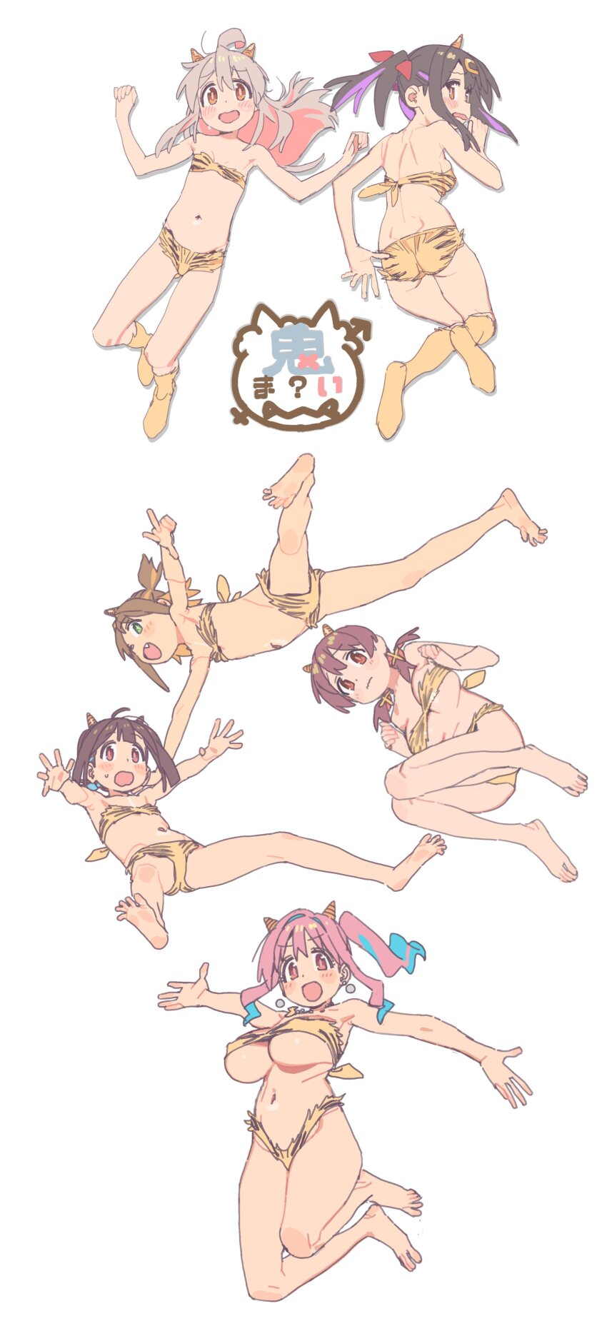 6+girls :d absurdres ahoge alternate_costume animal_print ass bare_arms bare_legs bare_shoulders barefoot bikini black_hair blonde_hair blue_hair blush breasts bright_pupils brown_eyes brown_hair commentary cone_horns dimples_of_venus earrings fang feet flat_chest green_eyes grey_hair hair_between_eyes hair_ornament hairclip highres horns hozuki_kaede hozuki_momiji imamura_ryou jewelry large_breasts legs long_hair looking_at_viewer low_twintails lying medium_breasts midair multicolored_hair multiple_girls murosaki_miyo navel necklace oka_asahi on_back on_stomach onii-chan_wa_oshimai! open_mouth outstretched_arms oyama_mahiro oyama_mihari pink_hair print_bikini pun purple_hair red_eyes setsubun siblings side_ponytail sidelocks simple_background sisters sketch smile spread_arms stomach strapless streaked_hair sweatdrop swimsuit tiger_print translated tube_top twintails two-tone_hair underboob w wavy_mouth white_background