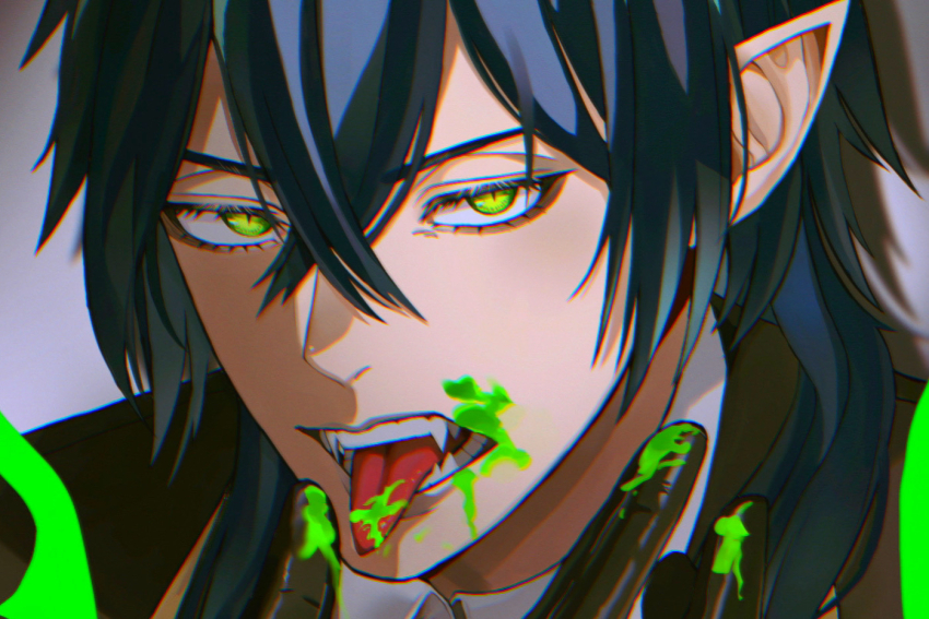 1boy ambiguous_green_liquid black_gloves black_hair fangs gloves green_eyes grey_background hand_up long_hair looking_at_viewer male_focus malleus_draconia moyo_(user_dmpg7223) night_raven_college_uniform open_mouth pointy_ears portrait school_uniform slit_pupils solo tongue tongue_out twisted_wonderland