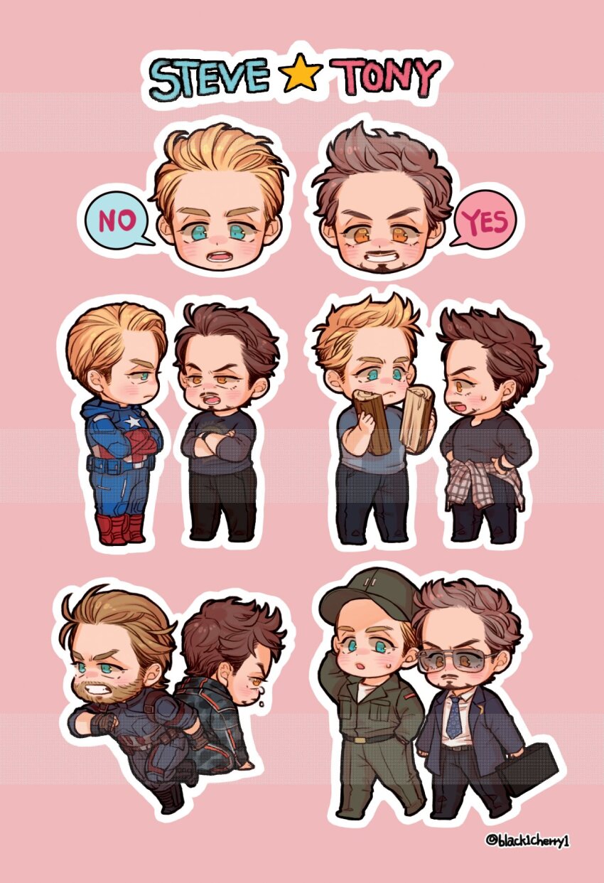 2boys animification arm_up avengers:_age_of_ultron avengers:_endgame avengers:_infinity_war avengers_(series) back baseball_bat belt black_belt black_footwear black_jacket black_pants blonde_hair blue_bodysuit blue_eyes blue_jacket blue_necktie blue_shirt blush bodysuit boots brown_belt brown_gloves brown_hair captain_america character_name chibi clenched_hand closed_mouth collared_jacket collared_shirt commentary_request crossed_arms crying crying_with_eyes_open dishing english_text facial_hair fingerless_gloves formal_clothes full_body gloves green_footwear green_headwear green_jacket green_pants grey-framed_eyewear grey_shirt hand_in_pocket hands_on_own_hips hands_up hat highres holding holding_suitcase hood hooded_bodysuit hooded_jacket jacket korean_commentary leg_up long_sleeves looking_at_another looking_to_the_side male_focus marvel marvel_cinematic_universe military_uniform multiple_boys necktie open_clothes open_jacket open_mouth orange_eyes pants pink_background plaid_clothes plaid_shirt pocket red_footwear red_gloves running seiza shirt shoes short_hair short_sleeves simple_background sitting speech_bubble standing star_(symbol) steve_rogers striped_bodysuit suit suitcase sunglasses superhero_costume sweatdrop t-shirt tears teeth the_avengers_(2012) tied_shirt tongue tony_stark v-shaped_eyebrows watch white_shirt wood wristwatch