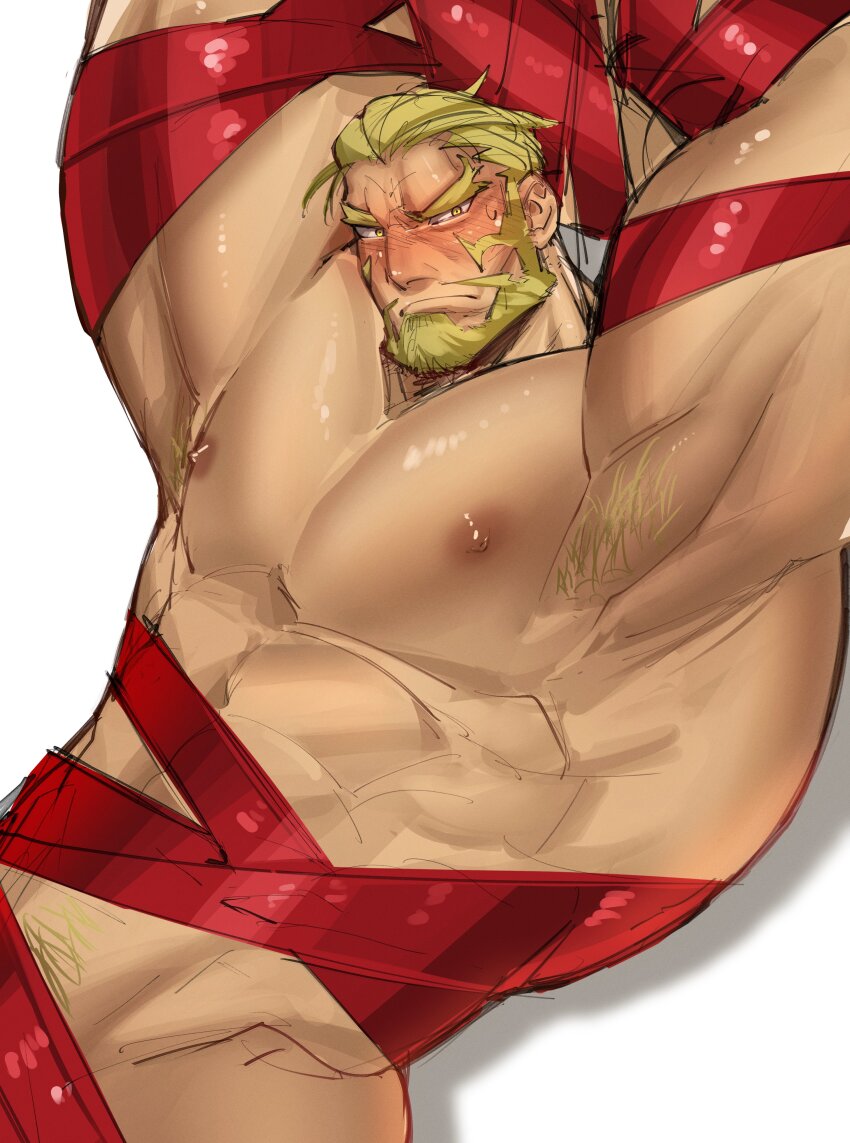 1boy absurdres armpits bara blonde_facial_hair blonde_hair blush bound bound_arms christmas cowboy_shot facial_hair highres kaijuu_no._8 looking_at_viewer male_focus mature_male muscular muscular_arms muscular_male naked_ribbon nongnakk ribbon shinomiya_isao short_hair simple_background solo thick_eyebrows yellow_eyes