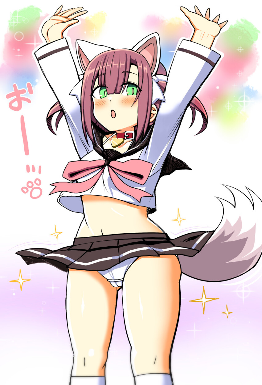 1girl animal_ears arms_up azur_lane blush breasts brown_hair collarbone dog_ears dog_tail green_eyes hair_between_eyes hair_ornament highres looking_at_viewer medium_breasts midriff navel open_mouth panties pantyshot richou_(zerozero1101) school_uniform shiratsuyu_(azur_lane) simple_background solo sparkle tail underwear white_background