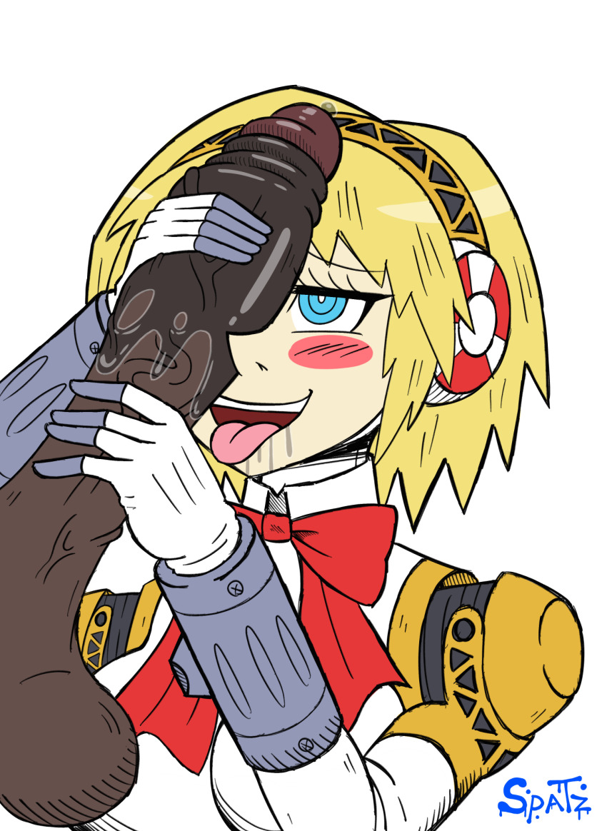1boy 1girl ahegao aigis_(persona) android blonde_hair dark-skinned_male dark_skin double_handjob drooling handjob hetero highres humanoid_robot large_penis penis penis_on_face persona persona_3 robophilia robot robot_girl saliva short_hair sinnerspatz tongue tongue_out veins veiny_penis