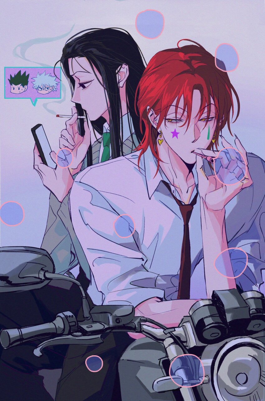 black_eyes black_hair blowing_bubbles brown_necktie bubble cigarette earrings facepaint fingernails green_necktie highres hisoka_morow holding holding_cigarette holding_phone hunter_x_hunter illumi_zoldyck jewelry jz88 long_hair looking_at_phone motor_vehicle motorcycle necktie on_motorcycle phone red_hair sharp_fingernails shirt smoke smoking sweater_vest white_shirt yellow_eyes