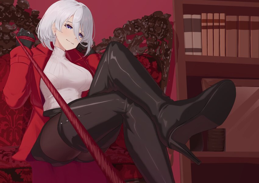 1girl absurdres azur_lane black_boots black_gloves black_pantyhose black_shorts boots breasts brown_eyes carmilla_(fate) carmilla_(fate)_(cosplay) carmilla_(traveling_outfit)_(fate) closed_mouth coat commentary commission cosplay cross cross_earrings crossed_legs earrings english_commentary fate/grand_order fate_(series) foot_out_of_frame gloves high_heel_boots high_heels highres holding holding_leash jewelry leash long_coat long_sleeves medium_breasts nyle404 open_clothes open_coat pantyhose pov red_coat ring shoe_soles short_hair shorts sitting smile solo sweater tanaka_atsuko thigh_boots tirpitz_(azur_lane) turtleneck turtleneck_sweater vgen_commission viewer_on_leash voice_actor_connection wedding_ring white_hair white_sweater