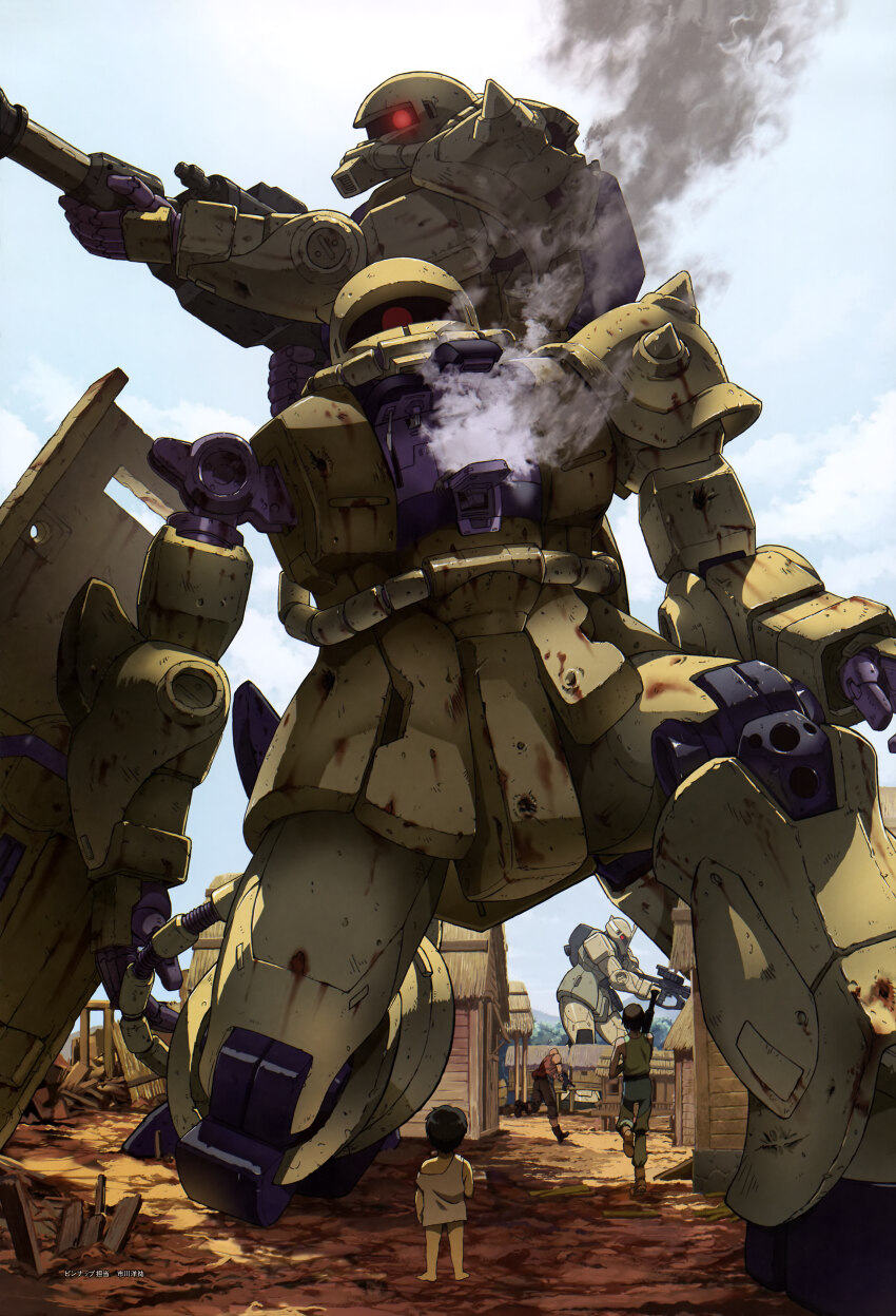 absurdres artist_request battle child cloud cloudy_sky damaged destruction dirty gun gundam gundam_08th_ms_team gundam_perfect_file highres kneeling machine_gun machinery mecha mobile_suit official_art one-eyed robot ruins running scene_reference science_fiction shield shoulder_spikes sky smoke spikes town weapon zaku_ii