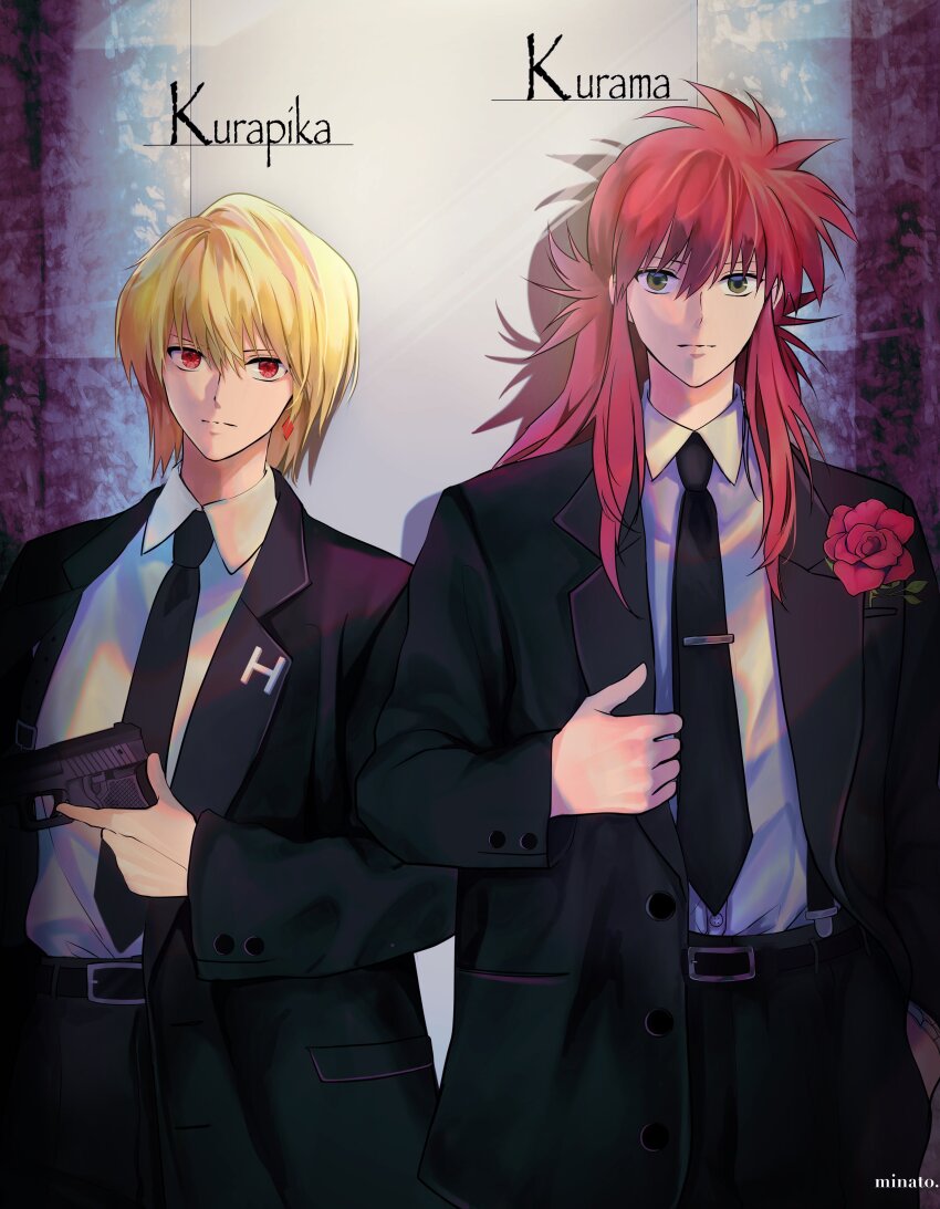 2boys :| absurdres belt black_belt black_jacket black_necktie black_pants black_suit blonde_hair boutonniere character_name closed_mouth collared_shirt cowboy_shot creator_connection dress_pants earrings expressionless flower formal_clothes green_eyes gun handgun highres holding holding_gun holding_weapon hunter_x_hunter jacket jewelry kurama_(yu_yu_hakusho) kurapika lapel_pin lapels long_hair long_sleeves looking_at_viewer male_focus minato_x3710 multiple_boys necktie notched_lapels open_clothes open_jacket pants red_eyes red_flower red_hair red_rose rose shadow shirt shirt_tucked_in short_hair side-by-side single_earring spiked_hair suit suit_jacket trigger_discipline weapon white_shirt yuu_yuu_hakusho