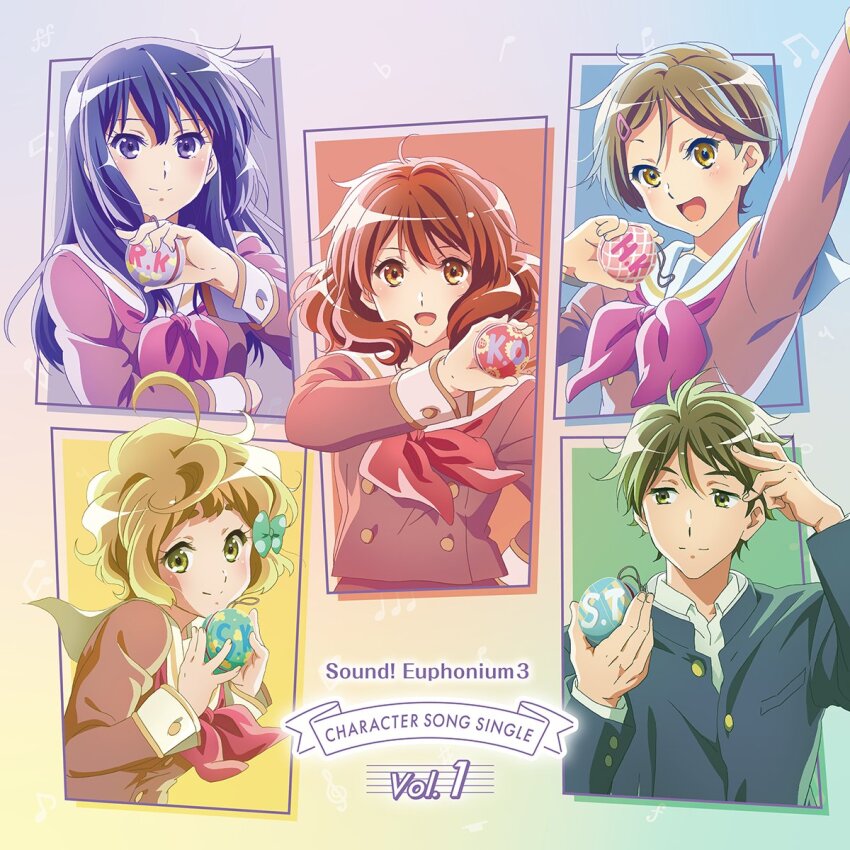 1boy 4girls album_cover arm_up artist_request black_hair bow brown_hair cover fluffy_hair green_eyes hair_bow happy hibike!_euphonium highres initial katou_hazuki kawashima_sapphire kousaka_reina long_hair medium_hair multiple_girls musical_note official_art oumae_kumiko purple_eyes school_uniform short_hair smile tsukamoto_shuuichi yellow_eyes