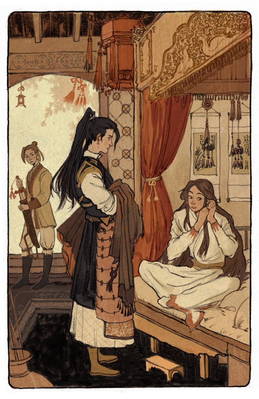 3boys analogous_colors bed black_eyes black_hair black_tunic border brown_eyes brown_hair brown_robe brown_tunic canopy_bed closed_mouth commentary earrings english_commentary feng_xin glaring hair_bun hand_on_own_ear hands_up hanging_scroll high_ponytail highres holding holding_robe holding_sword holding_unworn_clothes holding_weapon horrified indian_style indoors jar jewelry limited_palette long_hair long_sleeves looking_at_another male_focus mu_qing_(tianguan_cifu) multiple_boys official_art on_bed open_mouth ponytail red_trim robe rounded_corners scene_reference scroll sheath sheathed single_earring single_hair_bun sitting standing stool sword sword_tassel tassel tianguan_cifu tree tunic very_long_hair weapon white_border white_robe window xie_lian yaroslava_murashko
