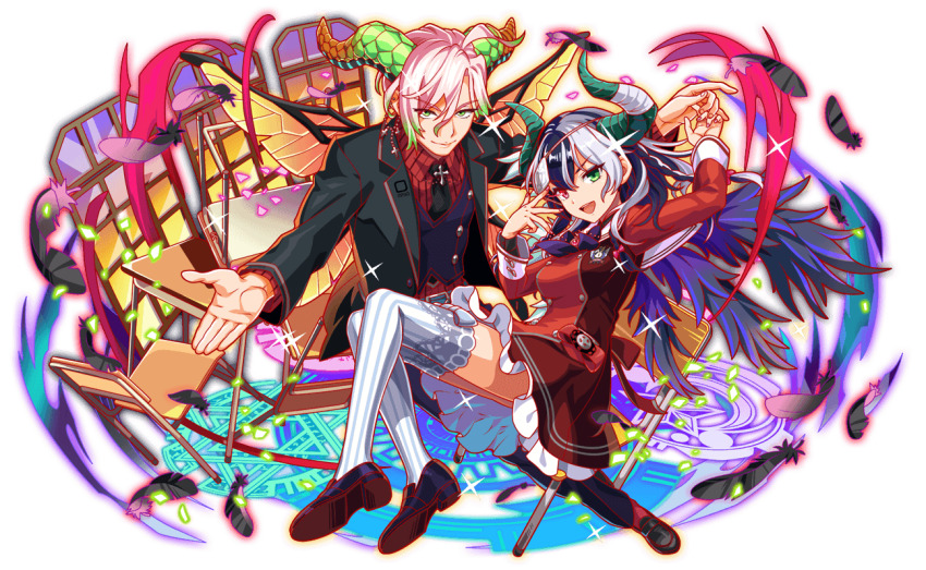 2girls ahoge alternate_costume alternate_horns anime_coloring artist_request back_ribbon beelzebub_(crash_fever) black_collar black_feathers black_footwear black_hair black_horns black_neckerchief black_necktie black_pants black_sleeves black_suit black_undershirt black_vest bow bow_legwear braid breasts brooch buttoned_cuffs buttons chair character_badge closed_mouth collar collared_shirt collared_suit colored_tips crash_fever demon_boy demon_girl demon_horns desk double-breasted dress dress_bow dress_ribbon earrings eyelashes feathers fingernails formal_clothes full_body game_cg gears gradient_horns green_eyes green_horns hair_between_eyes hair_bow heterochromia horizontal-striped_sleeve_cuffs horns indoors insect_wings jewelry lace lace-trimmed_thighhighs lace_trim loafers looking_at_viewer lucifer_(crash_fever) medium_breasts medium_hair multicolored_hair multicolored_horns multiple_girls narrowed_eyes neckerchief necktie number_print numbered official_alternate_costume official_alternate_horns official_art open_mouth outline outstretched_arm outstretched_hand pant_suit pants pinstripe_collar pinstripe_pattern pinstripe_shirt pinstripe_thighhighs print_collar red_dress red_eyes red_outline red_ribbon red_shirt red_socks red_undershirt ribbon sailor_collar school_desk school_uniform shirt shoes sleeve_cuffs socks sparkle square square_print streaked_hair striped_clothes striped_collar striped_shirt striped_thighhighs suit tachi-e thighhighs third-party_source transparent_background two-tone_horns two-tone_thighhighs usagi_(crash_fever) vertical-striped_clothes vertical-striped_collar vertical-striped_shirt vertical-striped_thighhighs vest wavy_hair white_bow white_hair white_horns white_sailor_collar white_sleeve_cuffs white_thighhighs window wings yellow_wings