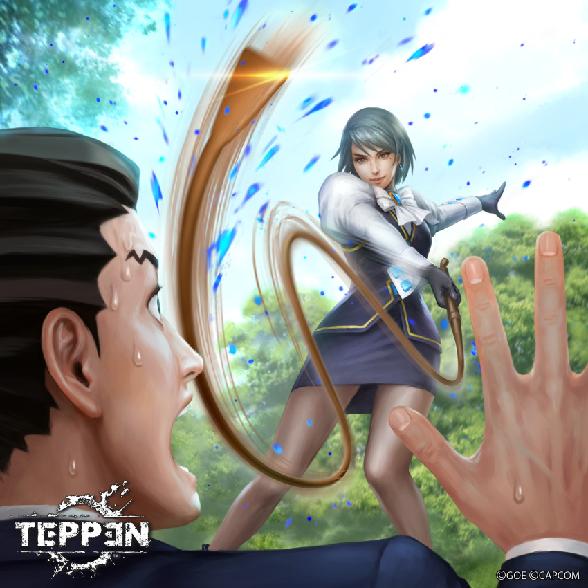 1boy 1girl ace_attorney black_gloves black_hair black_skirt black_vest blue_sky capcom earrings franziska_von_karma gloves highres holding holding_whip jewelry juliet_sleeves kuroiwa_enu long_sleeves mole mole_under_eye official_art open_mouth pantyhose phoenix_wright puffy_sleeves skirt sky smile sweat teppen tree vest whip whipping
