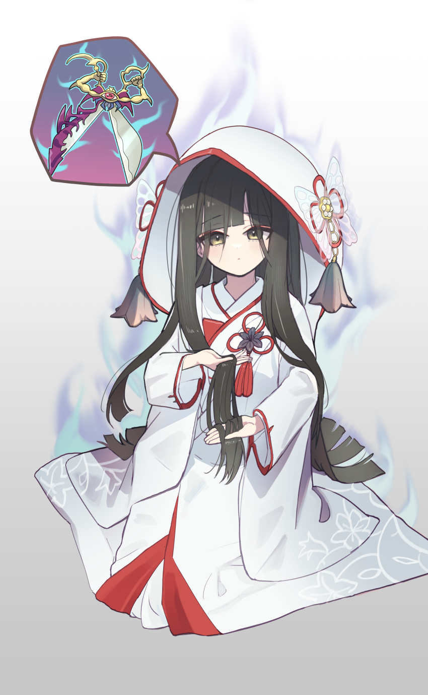 1girl absurdres brown_eyes brown_hair cursed_bride_doll duel_monster hands_up highres holding holding_own_hair hood hood_up japanese_clothes kabanoki kimono kneeling long_hair red_eyes scissors soul_scissors speech_bubble uchikake very_long_hair yu-gi-oh!