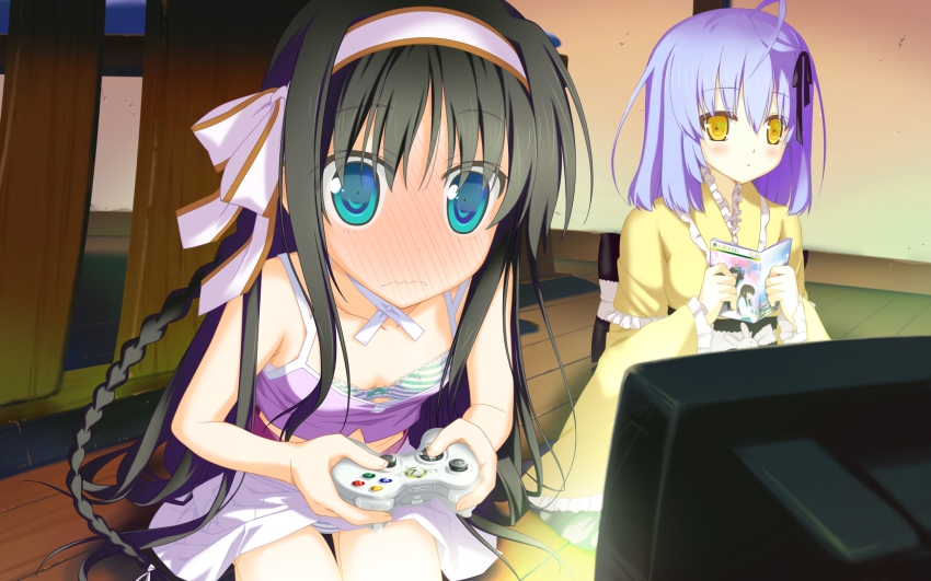 2girls ahoge black_hair blue_eyes blush bra braid controller dress embarrassed flat_chest frills full-face_blush game_cg game_console game_controller gamepad hair_ribbon headband highres irotoridori_no_sekai japanese_clothes kimono kisaragi_mio_(irotoridori_no_sekai) kneeling lingerie long_hair manual multiple_girls natsume_eri panties pantyshot purple_hair ribbon shida_kazuhiro shikishima_kyou short_hair skirt striped_bra striped_clothes striped_panties surprised tank_top television underwear upskirt very_long_hair video_game xbox_360 yellow_eyes