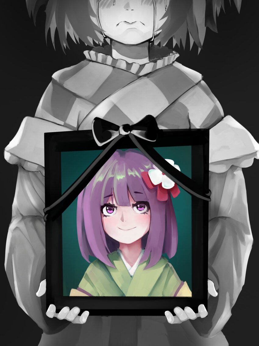 1girl 4rdilla absurdres black_background black_bow blush bow checkered_clothes checkered_kimono closed_mouth commentary crying hair_flower hair_ornament hieda_no_akyuu highres holding holding_picture_frame iei japanese_clothes kimono long_sleeves looking_at_viewer monochrome monochrome_background motoori_kosuzu partially_colored picture_frame portrait portrait_(object) purple_hair short_hair simple_background smile solo sulking tears touhou upper_body