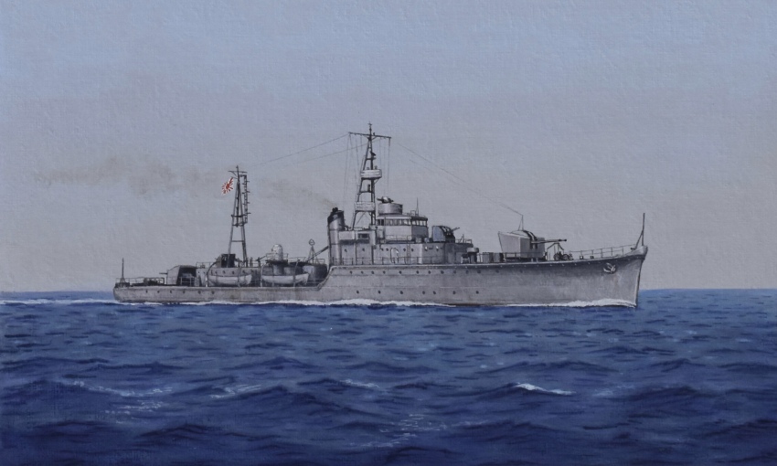 acrylic_paint_(medium) atelier_bono evening flag frigate highres imperial_japanese_navy mast military_vehicle morning no_humans ocean original painting_(medium) ship sky smoke smokestack traditional_media uji_(frigate) vehicle_focus warship watercraft