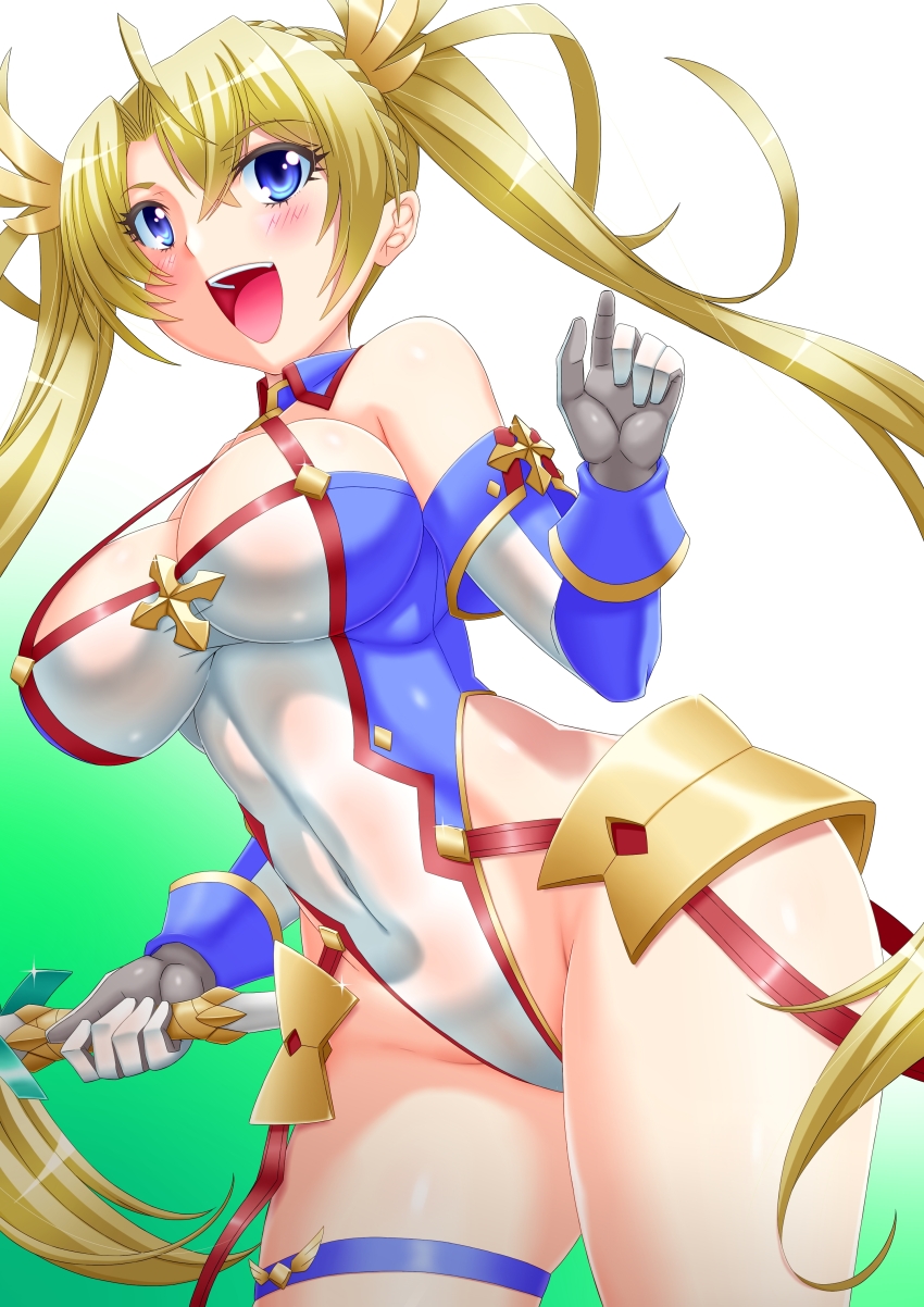1girl absurdres armor bare_shoulders blonde_hair blue_eyes blue_gloves blue_leotard blush bradamante_(fate) bradamante_(first_ascension)_(fate) braid breasts cleavage covered_navel crown_braid elbow_gloves fate/grand_order fate_(series) faulds gloves guriguri_(arayotto4351) highleg highleg_leotard highres large_breasts leotard long_hair looking_at_viewer multicolored_leotard open_mouth scepter smile solo thigh_strap thighs twintails two-tone_gloves two-tone_leotard very_long_hair white_gloves white_leotard