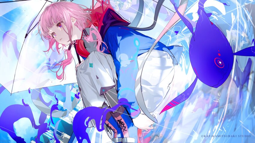 1girl blue_boots blue_jacket blue_sky boots day dress dutch_angle fish floating_hair flying_fish hair_over_shoulder hair_tubes highres holding holding_umbrella hood hood_down hooded_jacket jacket kaf_(kamitsubaki_studio) kamitsubaki_studio lace-up_boots laplace_(kamitsubaki_studio) long_sleeves looking_up low_twintails multicolored_eyes nishikikope outdoors parted_lips pink_hair purple_eyes rain red_eyes ripples sitting sitting_on_liquid sky solo transparent transparent_umbrella turtleneck turtleneck_dress twintails umbrella umbrella_over_shoulder virtual_youtuber white_dress yellow_pupils