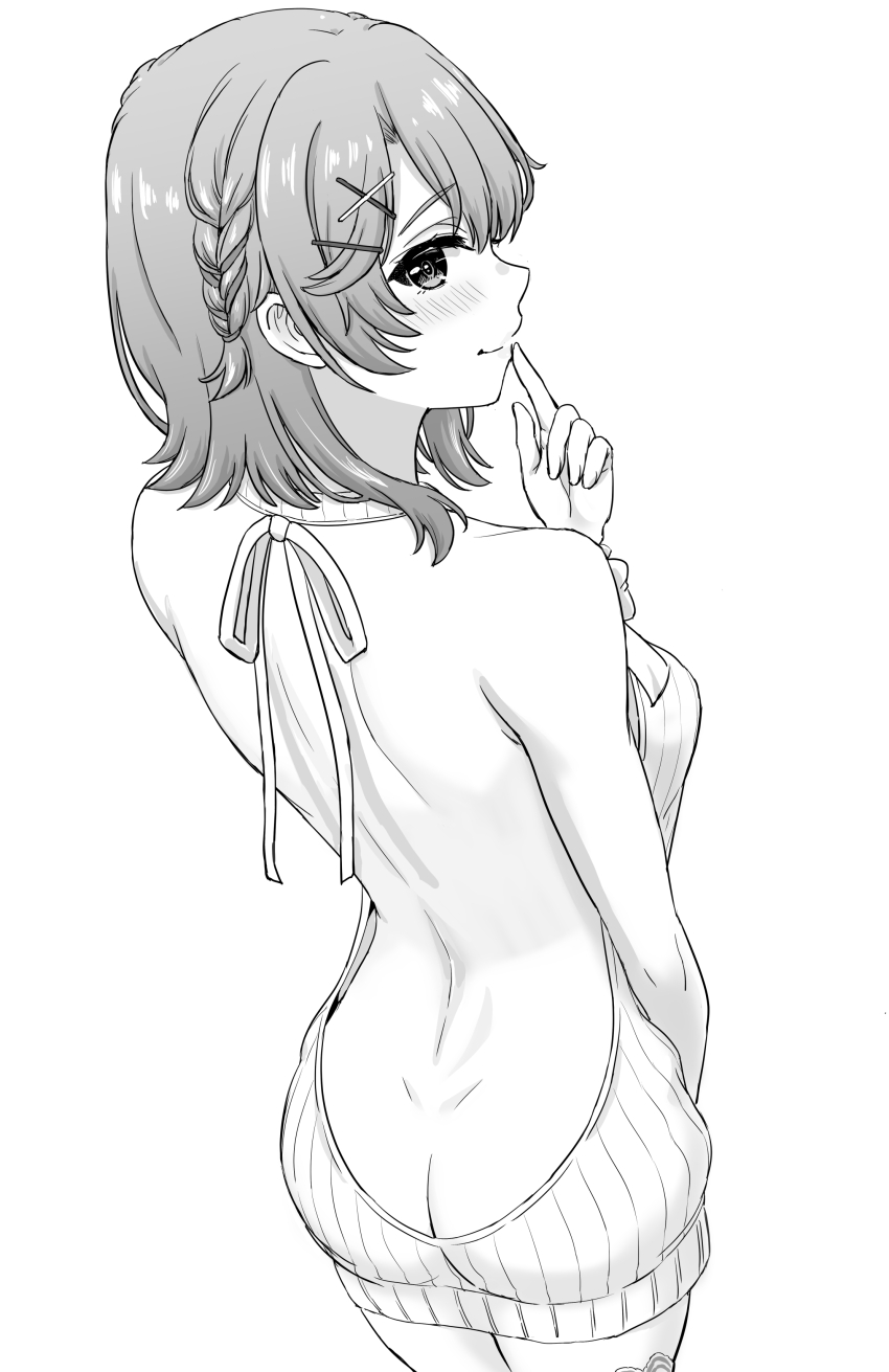 1girl absurdres alternate_costume alternate_hairstyle ass back back_focus backless_dress backless_outfit bare_arms bare_shoulders blush braid butt_crack commentary_request dimples_of_venus dress finger_to_mouth from_behind greyscale hair_ornament halterneck hand_up highres inanaki_shiki isshiki_iroha looking_at_viewer looking_back medium_hair meme_attire monochrome naked_sweater parted_lips ribbed_sweater shoulder_blades side_braid simple_background sleeveless sleeveless_sweater solo sweater sweater_dress virgin_killer_sweater white_background x_hair_ornament yahari_ore_no_seishun_lovecome_wa_machigatteiru.