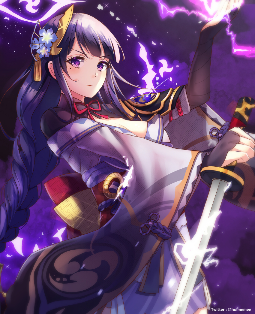 1girl absurdres braid breasts cleavage commentary_request genshin_impact hair_ornament highres holding holding_sword holding_weapon holmemee japanese_clothes katana lightning long_hair long_sleeves looking_at_viewer low_ponytail mole mole_under_eye obi ponytail purple_eyes purple_hair raiden_shogun sash sidelocks single_braid solo sword vision_(genshin_impact) weapon wide_sleeves