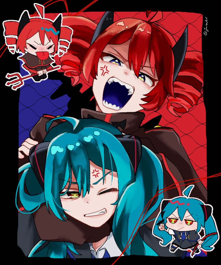 2girls ahoge anger_vein aqua_hair bar_censor black_border blue_eyes border bow_(weapon) brown_jacket capelet censored chibi chibi_inset clenched_teeth closed_eyes daidaidaidaidaikirai drill_hair hatsune_miku headlock highres holding holding_bow_(weapon) holding_pitchfork holding_weapon horns jacket jitome kasane_teto kasane_teto_(sv) long_hair long_sleeves looking_at_viewer middle_finger multiple_girls one_eye_closed open_mouth pitchfork red_hair sharp_teeth short_hair synthesizer_v teeth tongue tongue_out twin_drills twintails twitter_username utau v-shaped_eyebrows vocaloid weapon yano_0o0 yellow_eyes