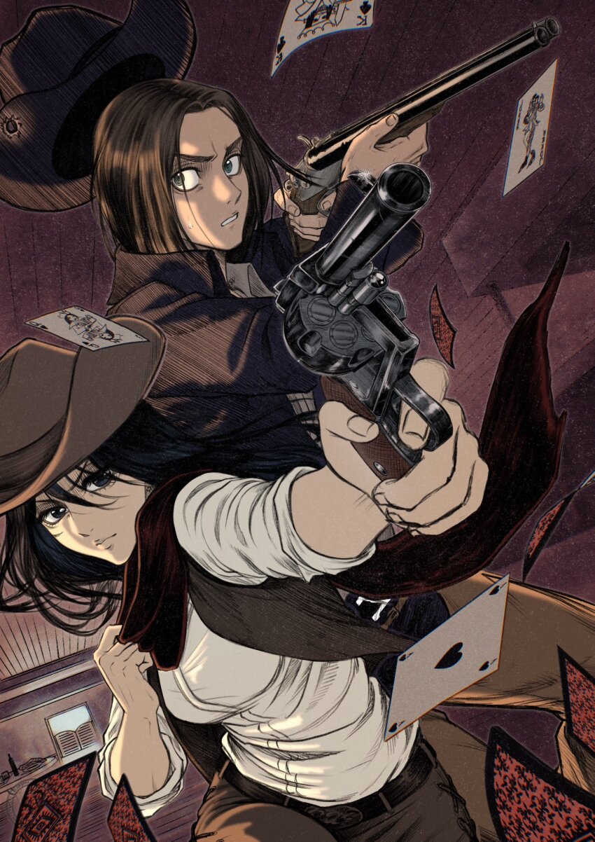 1boy 1girl alternate_universe black_hair breasts brown_coat brown_hair brown_pants brown_vest card closed_mouth coat cowboy_hat cowboy_western double-barreled_shotgun eren_yeager facial_scar floating_card furrowed_brow gun hagane_no hair_between_eyes handgun hat highres holding holding_gun holding_weapon indoors long_hair medium_breasts medium_hair mikasa_ackerman pants parted_bangs parted_lips percussion_lock playing_card red_scarf revolver saloon saloon_doors scar scar_on_cheek scar_on_face scarf shingeki_no_kyojin shirt shotgun upper_body vest weapon white_shirt