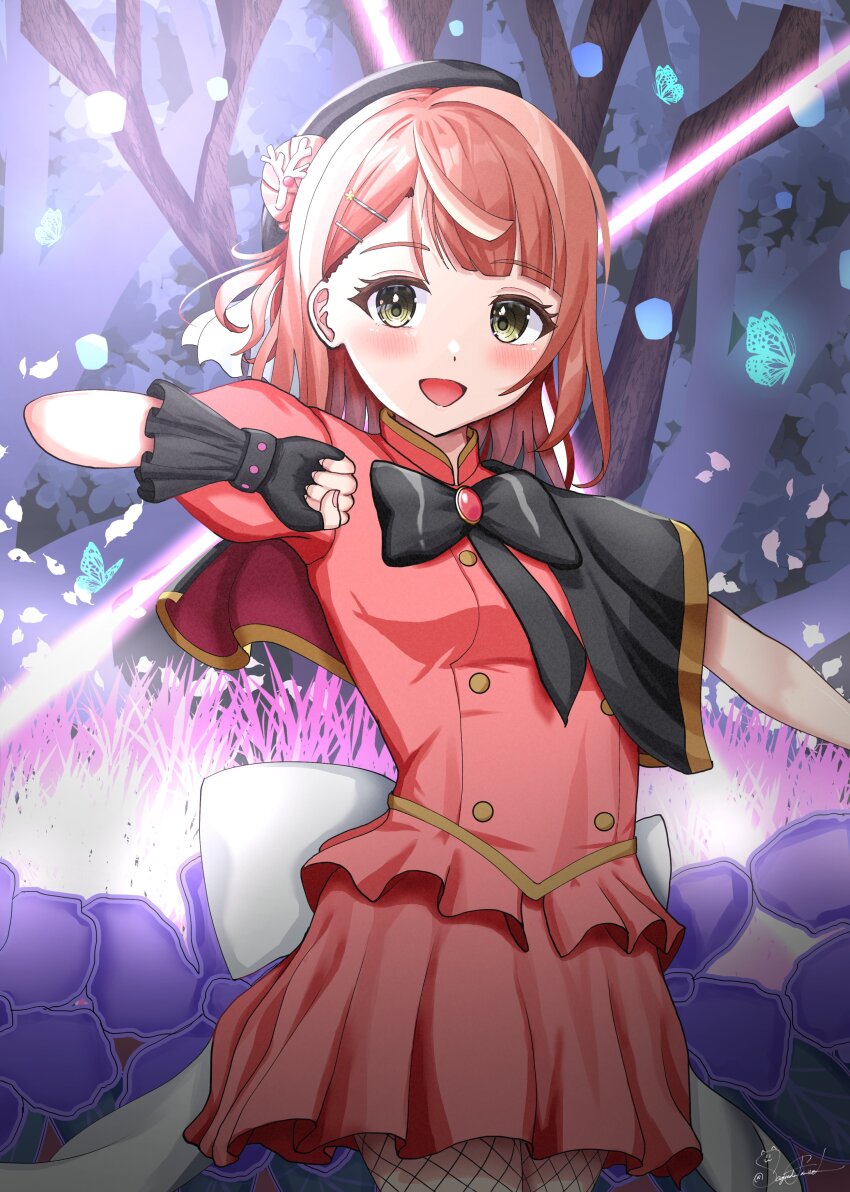 1girl :d absurdres aqua_butterfly arms_up beret black_bow black_bowtie black_gloves black_hat black_necktie blunt_bangs blush bow bowtie breasts buttons clenched_hand commentary_request coral_hair_ornament cowboy_shot double-breasted fingerless_gloves fishnet_pantyhose fishnets frilled_gloves frilled_shirt frills gloves hair_bun hair_ornament hairclip half_updo hat highres looking_at_viewer love_live! love_live!_nijigasaki_high_school_idol_club love_live!_nijigasaki_high_school_idol_club_the_movie_-_finale medium_breasts medium_hair miniskirt necktie open_mouth orange_hair orange_shirt orange_skirt outdoors outstretched_arm pantyhose sagradafamilial shirt single_side_bun skirt skirt_set smile solo standing stellar_stream_(love_live!) swept_bangs uehara_ayumu yellow_eyes