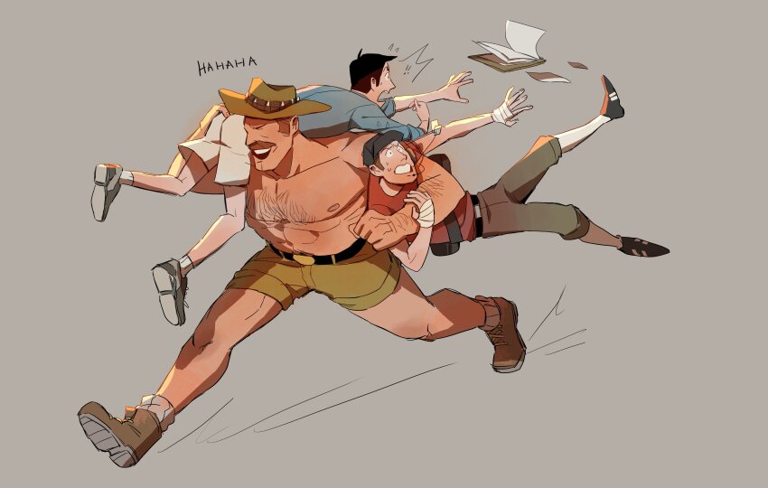 3boys abs absurdres arm_hair black_hair blonde_hair boots carrying carrying_multiple_people carrying_over_shoulder carrying_person carrying_under_arm citrus0lemon cowboy_hat english_text full_body grey_background hat headset highres large_pectorals long_sideburns male_focus mature_male mr._bidwell multiple_boys muscular muscular_male mustache pectorals running saxton_hale scout_(tf2) short_hair short_shorts shorts sideburns simple_background size_difference smile team_fortress_2 thick_chest_hair thick_mustache topless_male