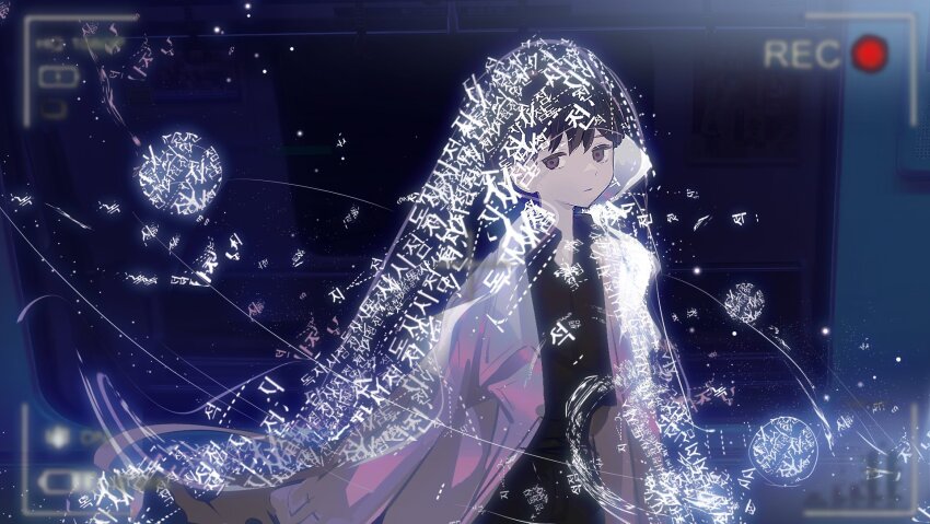 1boy black_eyes black_shirt blurry_border coat collared_shirt fake_video frown haze highres jacket jacket_on_shoulders korean_text lantercat leukocoria looking_at_viewer male_focus oldest_dream omniscient_reader&#039;s_viewpoint orbital_path planet red_pupils shirt sky solo space star_(sky) starry_sky upper_body veil white_coat