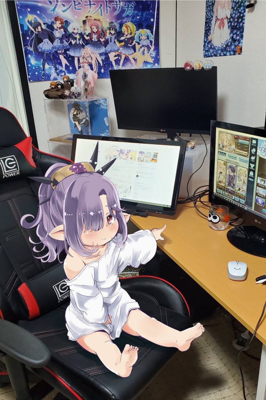 1girl action_figure alternate_costume artistic_error barefoot blush chair child desk female_focus gaming_chair granblue_fantasy harvin highres looking_at_viewer monitor niyon_(granblue_fantasy) otaku_room photo_background pointy_ears ponytail purple_hair red_eyes shi_ecchi sitting solo swivel_chair wrong_foot