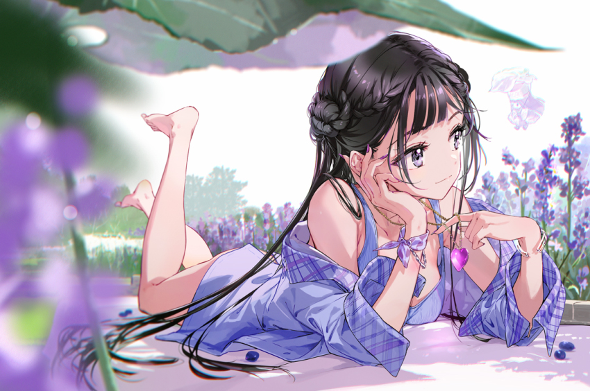 1girl backlighting bare_shoulders barefoot black_hair bra closed_mouth flower jewelry looking_to_the_side lying necklace off_shoulder on_stomach original road shirt the_pose tiv underwear