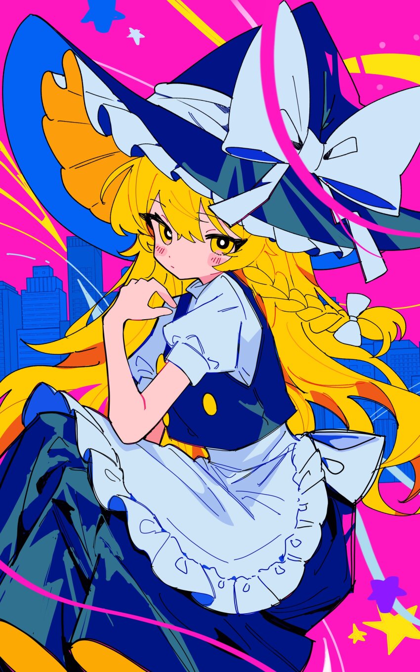 1girl absurdres apron back_bow black_dress black_hat blonde_hair blush bow braid building buttons city closed_mouth dress frills hair_between_eyes hair_bow hand_up hat hat_bow highres kirisame_marisa long_hair looking_at_viewer pinafore_dress pink_background puffy_short_sleeves puffy_sleeves rotoi_1234 shirt short_sleeves single_braid sitting skyscraper sleeveless sleeveless_dress solo star_(symbol) touhou turtleneck turtleneck_shirt wavy_hair white_apron white_bow white_shirt witch_hat yellow_eyes