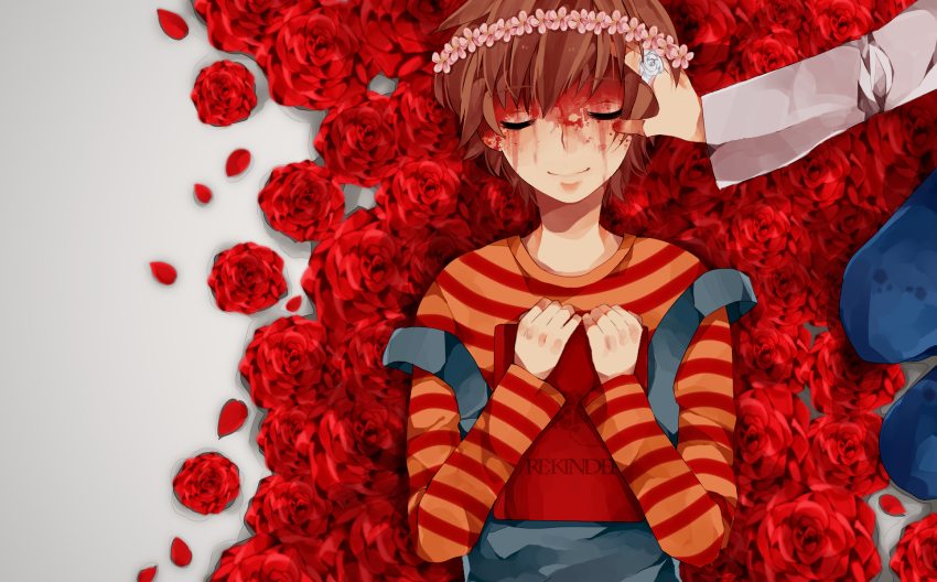 2boys blood blood_on_face bloody_tears book closed_eyes crown death flower hand_on_another&#039;s_head highres jewelry lying mizuoka_yuuichi multiple_boys re:kinder red_flower red_rose ring rose seriko_(seo77000) shirt short_hair shunsuke_(re:kinder) spoilers striped_clothes striped_shirt suspenders takano_shunsuke white_shirt
