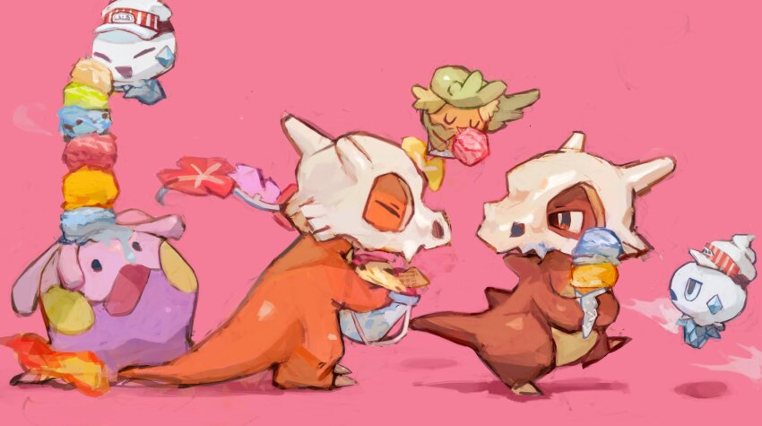 absurdres aomidori_iro charmander closed_eyes comfey cubone fire flower food gen_1_pokemon gen_5_pokemon gen_6_pokemon gen_7_pokemon goomy highres holding ice_cream mask nintendo no_humans pink_background pokemon pokemon_(creature) simple_background skull skull_mask vanillite