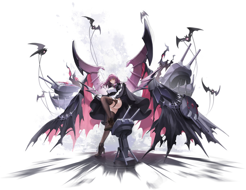 1girl ankle_boots azur_lane black_gloves boots breasts detached_sleeves devonshire_(azur_lane) dress full_body gloves highres holster leg_up lifting_own_clothes long_hair long_sleeves looking_at_viewer machinery maid maid_headdress medium_breasts nys official_art panties purple_eyes rigging ship_turret side-tie_panties skirt_hold solo thigh_holster thighhighs thighs underwear weapon yellow_eyes